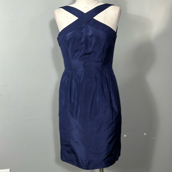 J. Crew Navy Silk Taffeta Shimmery Halter Mini Dress size 0 - Picture 2 of 13